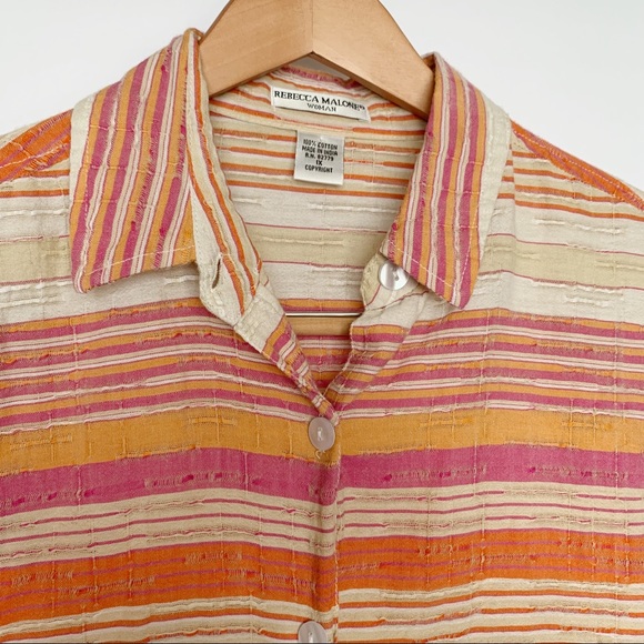 Rebecca Malone Striped Orange Pink Button Down Top - Picture 2 of 3